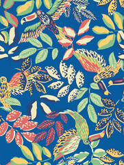 Seamless pattern with tropical toucans, parrots, and colorful jungle leaves on a bright blue background, perfect for summer apparel, resort wear, beachwear, kidswear, and tropical decor