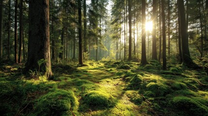 Obraz premium Sunlight filters through a lush forest