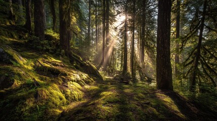 Obraz premium Sunlight streams through lush forest