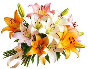 Fototapeta premium Bouquet of Mixed Lilies with Ribbon – Diagonal Angle Spring Floral Arrangement, Transparent Background