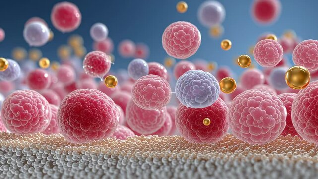 Colorful Microscopic Cells and Particles Interact in Vibrant Biological Environment, Showcasing Intricate Structures and Nanosensors in Action