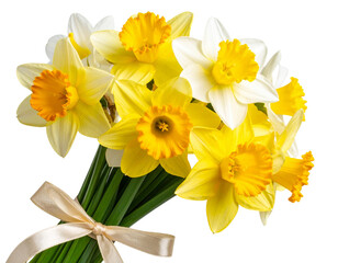 Obraz premium Bunch of Fresh White and Yellow Daffodils Tied with Ribbon – Diagonal Floral Arrangement, Transparent Background