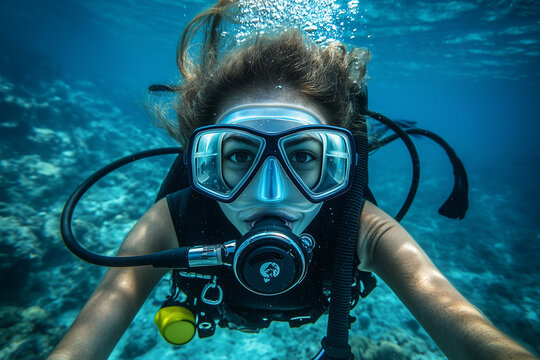 Woman diver underwater in the ocean, exploring coral reefs with a look of awe. Generative AI - Powered by Adobe