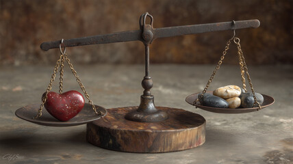 天秤が並べるハートと石の静物