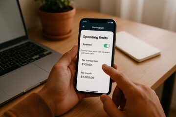 Person using a mobile banking app to set spending limits, ensuring financial control and budgeting on a smartphone. Laptop and notebook in the background