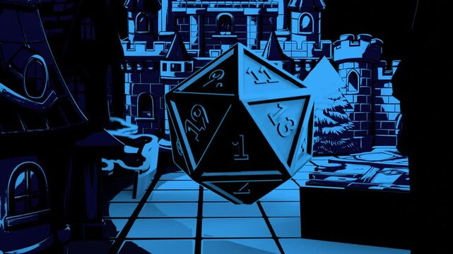A stylized intro with a game dice d20. Board for playing in DnD with decorative houses. The cube stops on the empty side.