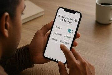 Person configuring automatic savings transfer on a smartphone, selecting amount and frequency, with a coffee cup and book in the background