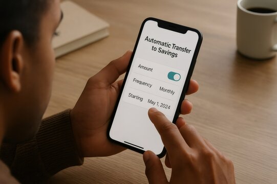 Person configuring automatic savings transfer on a smartphone, selecting amount and frequency, with a coffee cup and book in the background - Powered by Adobe
