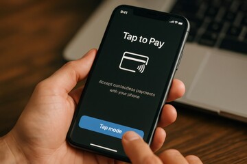Close up of a hand holding a smartphone displaying a tap to pay interface, highlighting modern contactless payment technology