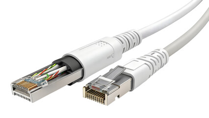 Closeup of two network ethernet cables with rj45 connectors, showcasing the internal wires isolated on transparent background