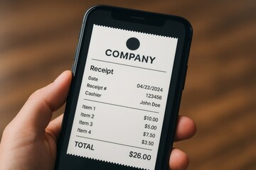 Hand holding a smartphone displaying a digital receipt with itemized list and total amount. Modern technology in retail and transactions
