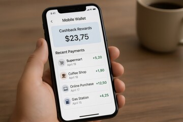 Hand holding a smartphone displaying a mobile wallet app with cashback rewards and recent payment history, alongside a cup of coffee on a wooden table