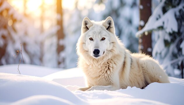 White wolf resting in snowy forest.