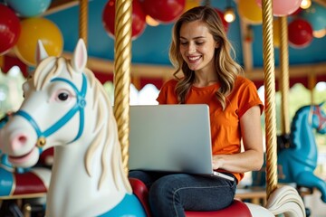 Woman working on laptop on a carousel horse amidst festive balloon decorations.