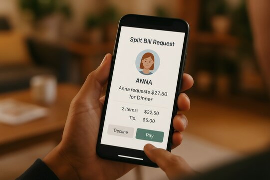 Close up of hand using smartphone app to pay split bill request from Anna for dinner, including tip