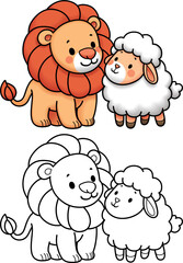 Classic story, lion and lamb. Coloring page