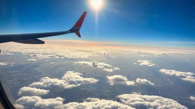 View from airplane window above clouds with sun shining