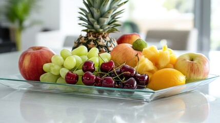 Refreshing fruit tray with colorful fruits like pineapple, apples, and cherries, beautifully displayed on a glass tray, clean white countertop.