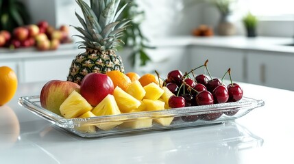 Refreshing fruit tray with colorful fruits like pineapple, apples, and cherries, beautifully displayed on a glass tray, clean white countertop.