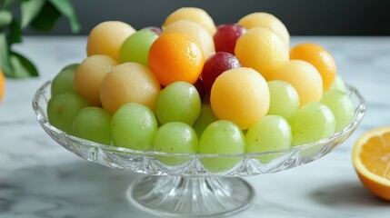Refreshing vegan fruit platter with chilled melon balls, grapes, and citrus wedges, served on a glass dish