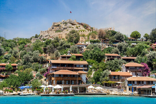 Kalek&ouml;y, the ancient city of Simena. It's an ancient Lycian (Likya) settlement located directly opposite Kekova Island. Sarcophagi, ruins, and Kalek&ouml;y Castle are located on the hill. Kaş - Antalya