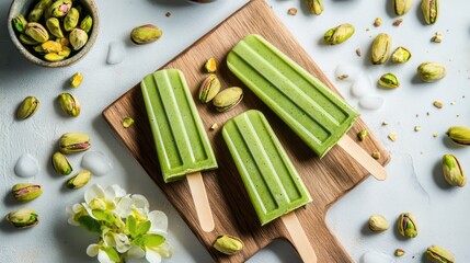 Refreshing pistachio smoothie frozen as popsicles, vibrant green, set against a bright white background with popsicles on a wooden board