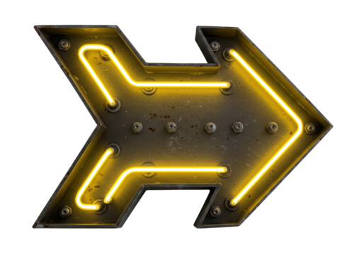 Isolated Vintage Neon Arrow Sign with Yellow Light