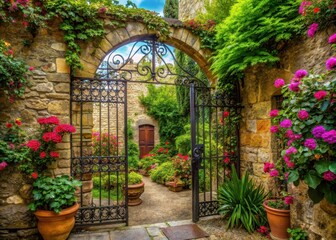 Fototapeta premium Ancient stone walls and ornate iron gates set amidst lush greenery and vibrant flowers in a secluded courtyard with a rustic