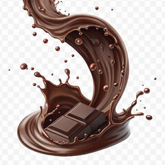 realistic 3d chocolate fluid splash flow with drops, bubbles  in curve style isolated on transparent background