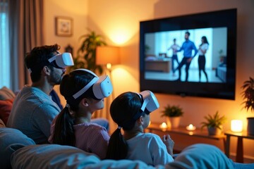 A family of four enjoying a movie in virtual reality while lounging in a cozy living room with futuristic technology.