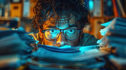 Fototapeta premium Stressed Man Working Late Night Surrounded by Overwhelming Papers in Office
