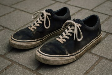 Scuffed sneakers with worn out soles resting on a textured urban pavement, embodying the rugged style and spirit of skateboarding culture