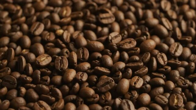 Roasted coffee beans densely packed displaying their brown color and texture