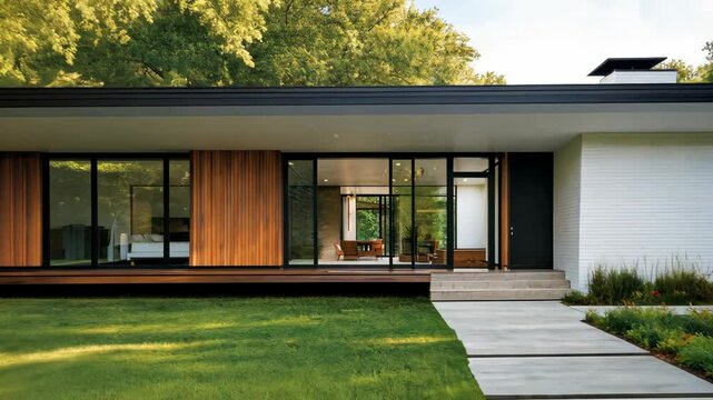 A stunning example of contemporary architecture features spacious interiors and large windows embraced by tranquil landscaping and greenery