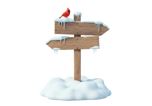Isolated Winter Cardinal on Snowy Directional Signpost