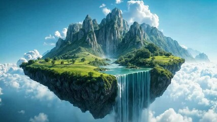 Floating island with waterfall in the sky: a fantasy landscape - Powered by Adobe