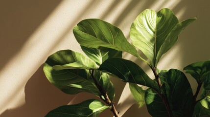 Obraz premium Lush green leaves of a fiddle leaf fig tree bathed in sunlight, casting shadows on a beige wall