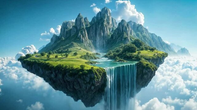 Floating island with waterfall in the sky: a fantasy landscape