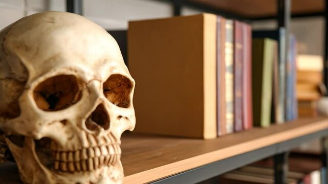 Skull model on shelf with books in background, neutral tones