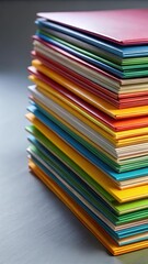 Colorful business brochures stacked on a gray background with a subtle texture