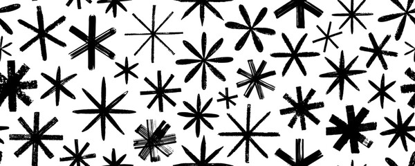 Geometric seamless pattern with crayon drawn stars and asterisks. Grunge rough vector snowflakes. Brush drawn bold asterisks. Abstract geometric banner design background. Vector ink illustration.
