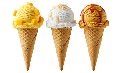 Three delicious ice cream cones with mango coconut and caramel flavors isolated on transparent background