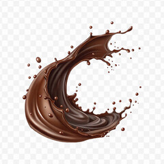 realistic 3d chocolate fluid splash flow with drops, bubbles  in curve style isolated on transparent background