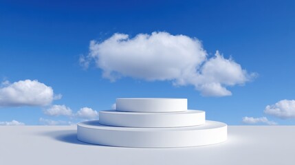 Blank white podium against a blue sky with clouds