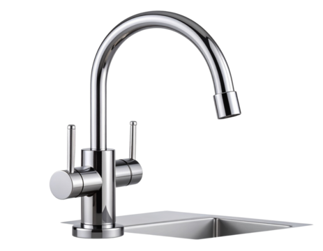 Angled Chrome Kitchen Faucet with Elegant Streamlined Design Isolated PNG