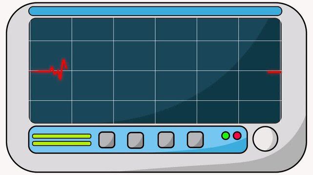 Looping animation of a cartoon EKG monitor showing a heart rate. ECG pulse wave display is perfect for medical, health, and hospital concepts.