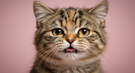 Close-up portrait showcasing the comical expression of a domestic cat with dilated pupils and tongue protrusion set against a pastel rose backdrop