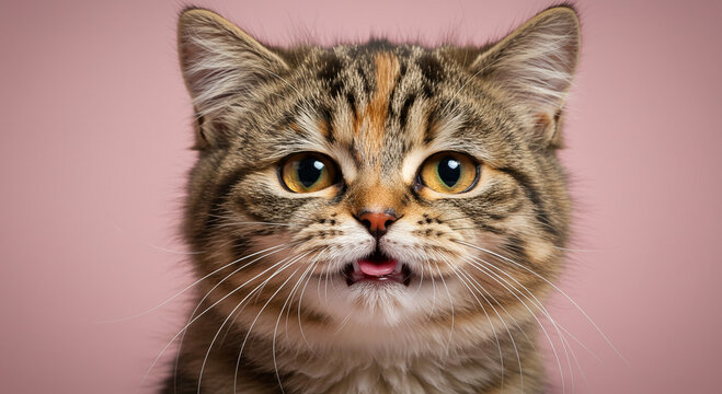Close-up portrait showcasing the comical expression of a domestic cat with dilated pupils and tongue protrusion set against a pastel rose backdrop