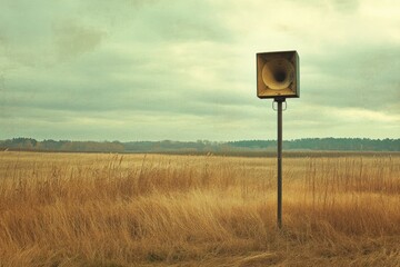 Abstract concept of loudspeaker pole in quiet landscape, announcement symbolism