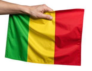 Close-Up of Hand Holding Folded Mali Flag Cloth, Patriotism Concept, Transparent Background